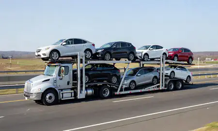 Multi-level car carrier on the highway to Oakville, Connecticut, United States