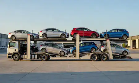 Car transporter parked in an industrial area of Oakville, Connecticut, United States