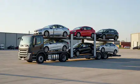 Car transporter loaded with vehicles in Oakville, Connecticut, United States