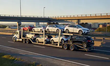 Car transporter with the Oakville, Connecticut, United States skyline behind it