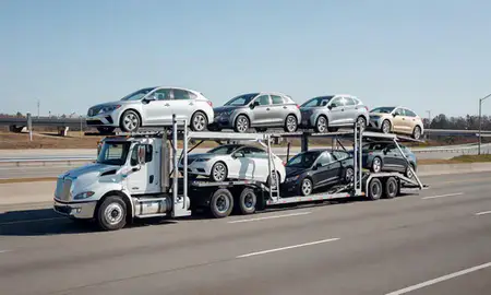 Multi-level car carrier on the highway to Riverside, Connecticut, United States