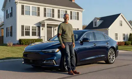 Customer with their delivered car in Riverside, Connecticut, United States