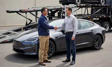 Vehicle owner beside their delivered car in Riverside, Connecticut, United States