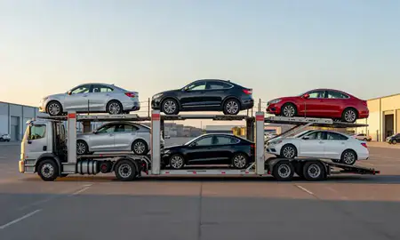 Car transporter parked in an industrial area of Riverside, Connecticut, United States