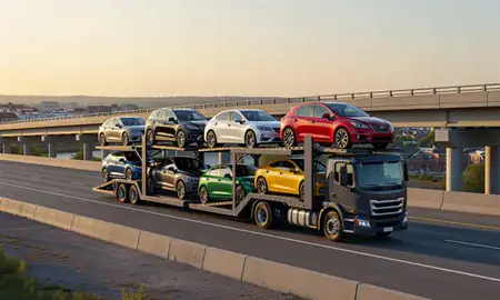 Car transporter with the Riverside, Connecticut, United States skyline behind it