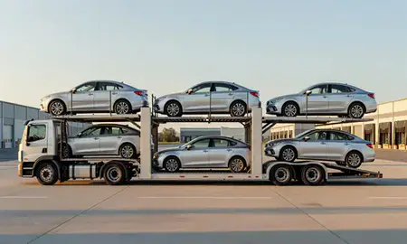 Car transporter parked in an industrial area of Sandy Hook, Connecticut, United States