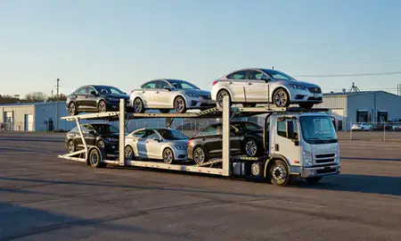 Car transporter loaded with vehicles in Sandy Hook, Connecticut, United States