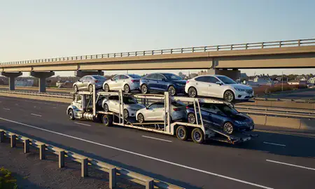 Car transporter with the Sandy Hook, Connecticut, United States skyline behind it