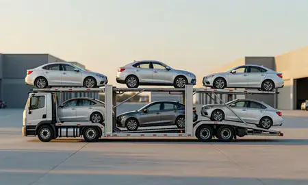 Car transporter parked in an industrial area of Shelton, Connecticut, United States