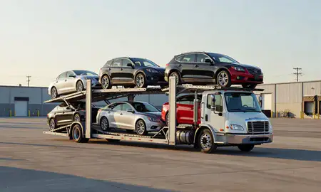 Car transporter loaded with vehicles in Shelton, Connecticut, United States