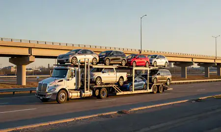 Car transporter with the Shelton, Connecticut, United States skyline behind it