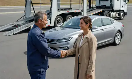 Vehicle owner beside their delivered car in Stamford, Connecticut, United States