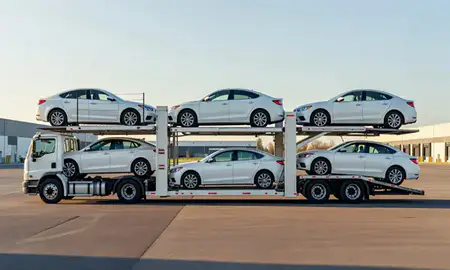 Car transporter parked in an industrial area of Stamford, Connecticut, United States