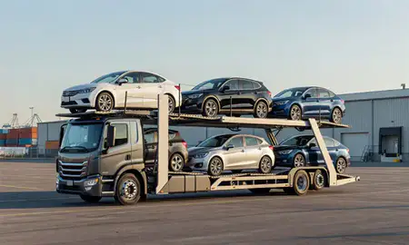 Car transporter loaded with vehicles in Stamford, Connecticut, United States