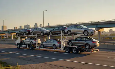 Car transporter with the Stamford, Connecticut, United States skyline behind it