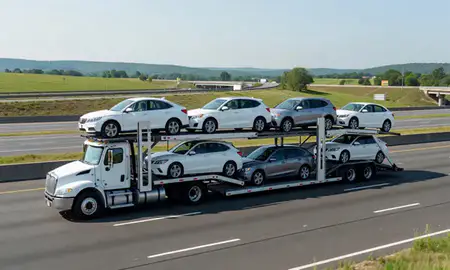 Multi-level car carrier on the highway to Storrs, Connecticut, United States