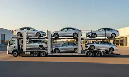 Car transporter parked in an industrial area of Storrs, Connecticut, United States