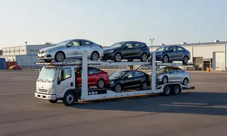 Car transporter loaded with vehicles in Storrs, Connecticut, United States