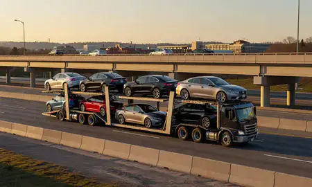 Car transporter with the Storrs, Connecticut, United States skyline behind it