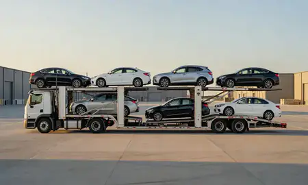 Car transporter parked in an industrial area of Torrington, Connecticut, United States