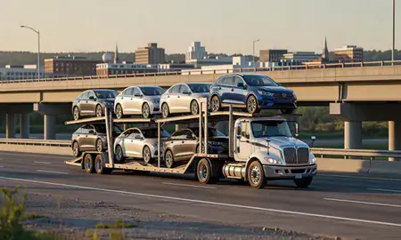 Car transporter with the Torrington, Connecticut, United States skyline behind it