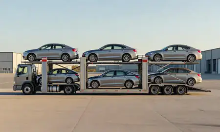 Car transporter parked in an industrial area of Trumbull Center, Connecticut, United States