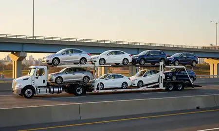Car transporter with the Trumbull Center, Connecticut, United States skyline behind it