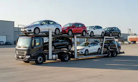 Car transporter loaded with vehicles in Wallingford Center, Connecticut, United States