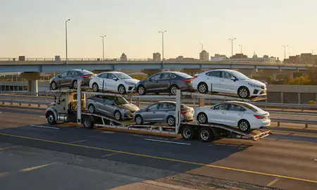 Car transporter with the Wallingford Center, Connecticut, United States skyline behind it