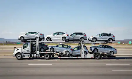 Multi-level car carrier on the highway to Waterbury, Connecticut, United States