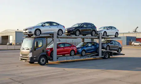 Car transporter loaded with vehicles in Waterbury, Connecticut, United States