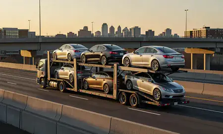 Car transporter with the Waterbury, Connecticut, United States skyline behind it
