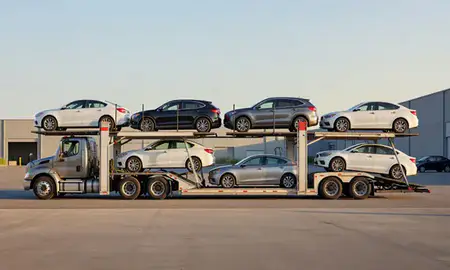 Car transporter parked in an industrial area of West Haven, Connecticut, United States