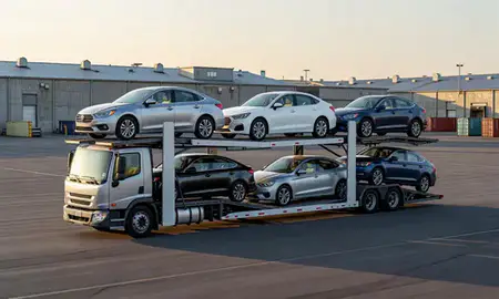Car transporter loaded with vehicles in West Haven, Connecticut, United States