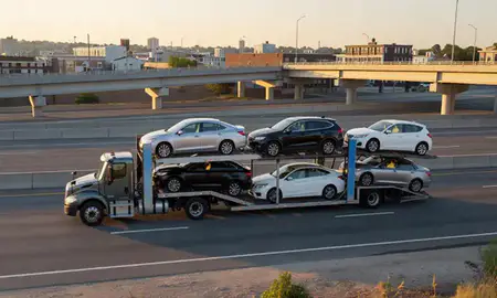 Car transporter with the West Haven, Connecticut, United States skyline behind it