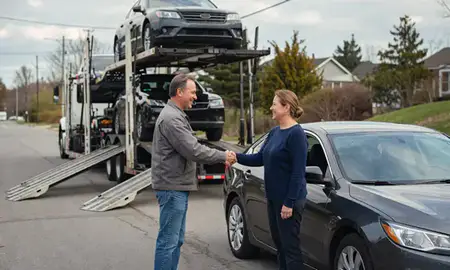 Vehicle owner beside their delivered car in Willimantic, Connecticut, United States