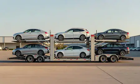 Car transporter parked in an industrial area of Willimantic, Connecticut, United States