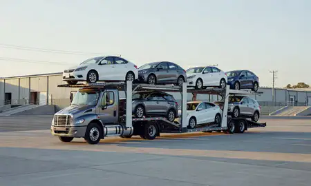 Car transporter loaded with vehicles in Willimantic, Connecticut, United States