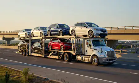 Car transporter with the Willimantic, Connecticut, United States skyline behind it