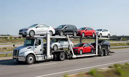Multi-level car carrier on the highway to Delaware, United States