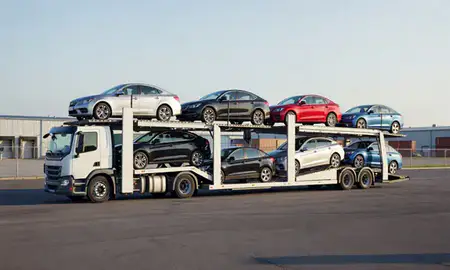 Car transporter loaded with vehicles in Delaware, United States