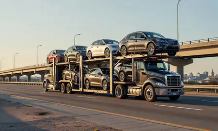 Car transporter with the Delaware, United States skyline behind it