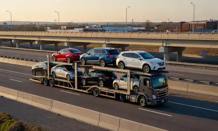Car transporter with the Bear, Delaware, United States skyline behind it