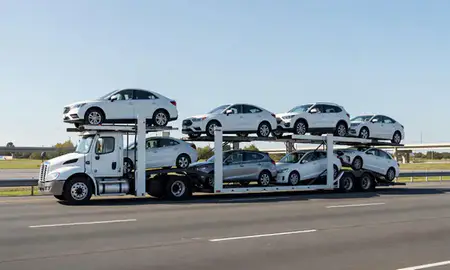 Multi-level car carrier on the highway to Brookside, Delaware, United States