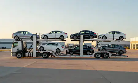 Car transporter parked in an industrial area of Brookside, Delaware, United States