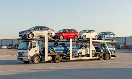 Car transporter loaded with vehicles in Brookside, Delaware, United States