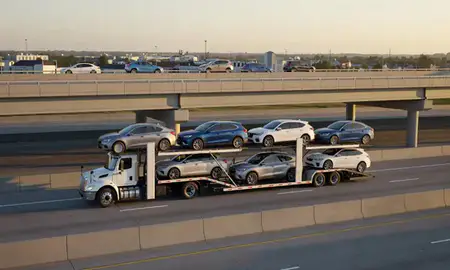 Car transporter with the Brookside, Delaware, United States skyline behind it