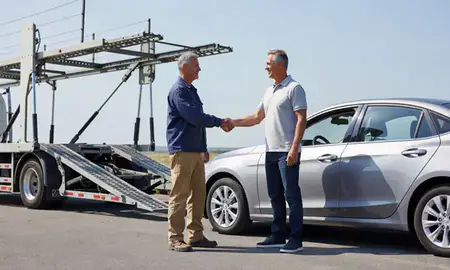Vehicle owner beside their delivered car in Camden, Delaware, United States