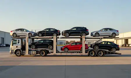 Car transporter parked in an industrial area of Camden, Delaware, United States