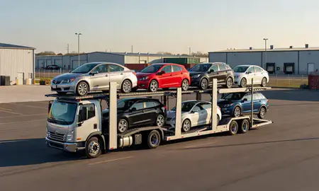 Car transporter loaded with vehicles in Camden, Delaware, United States